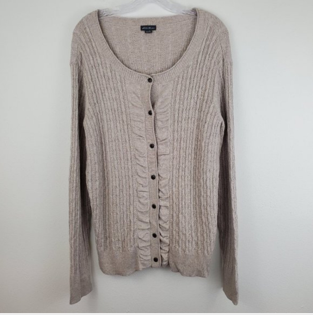 Eddie Bauer ruffle front cable knit cardigan